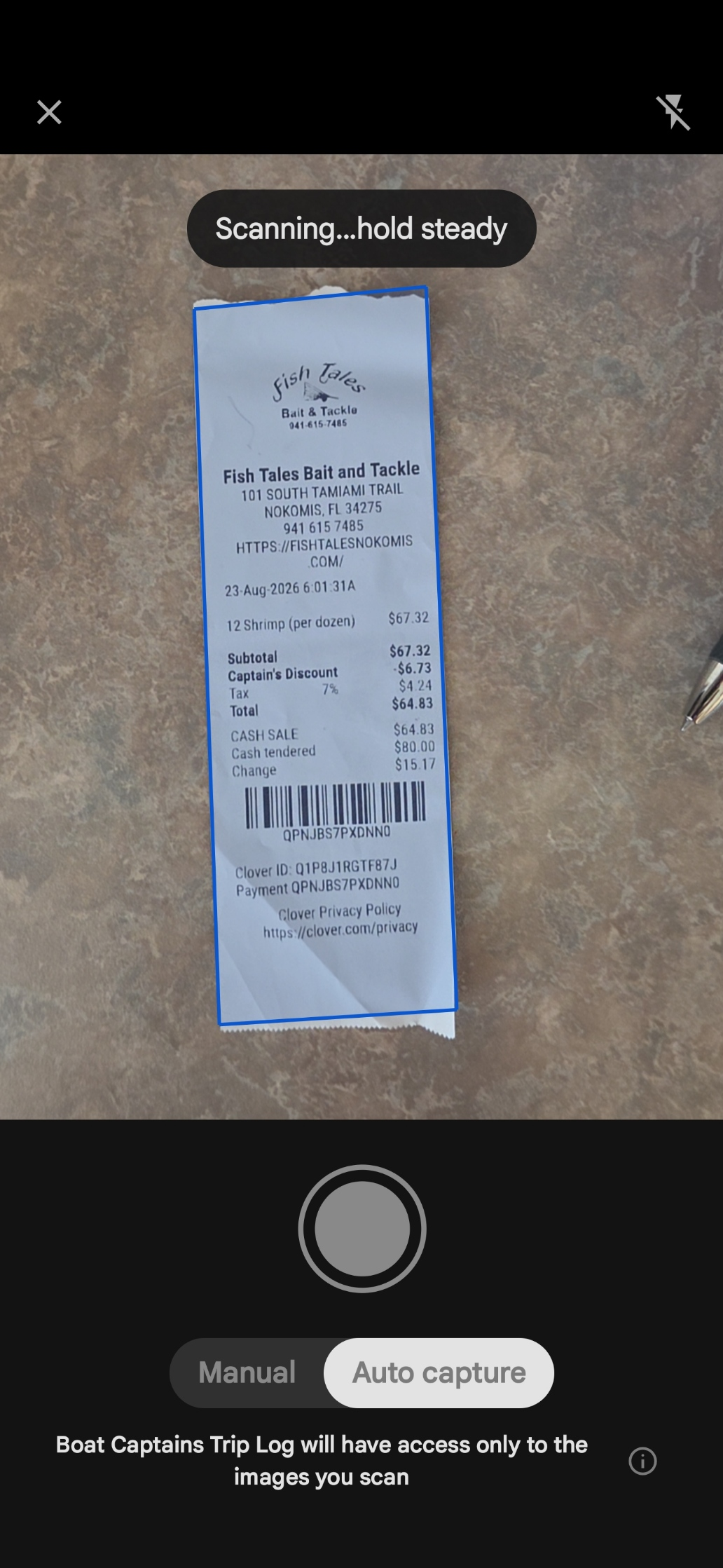Point your camera — the app locks on and reads the receipt