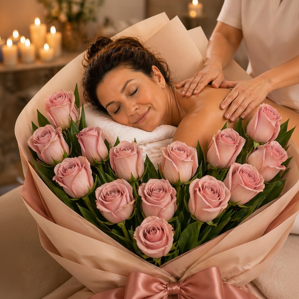 Spa massage with pink roses