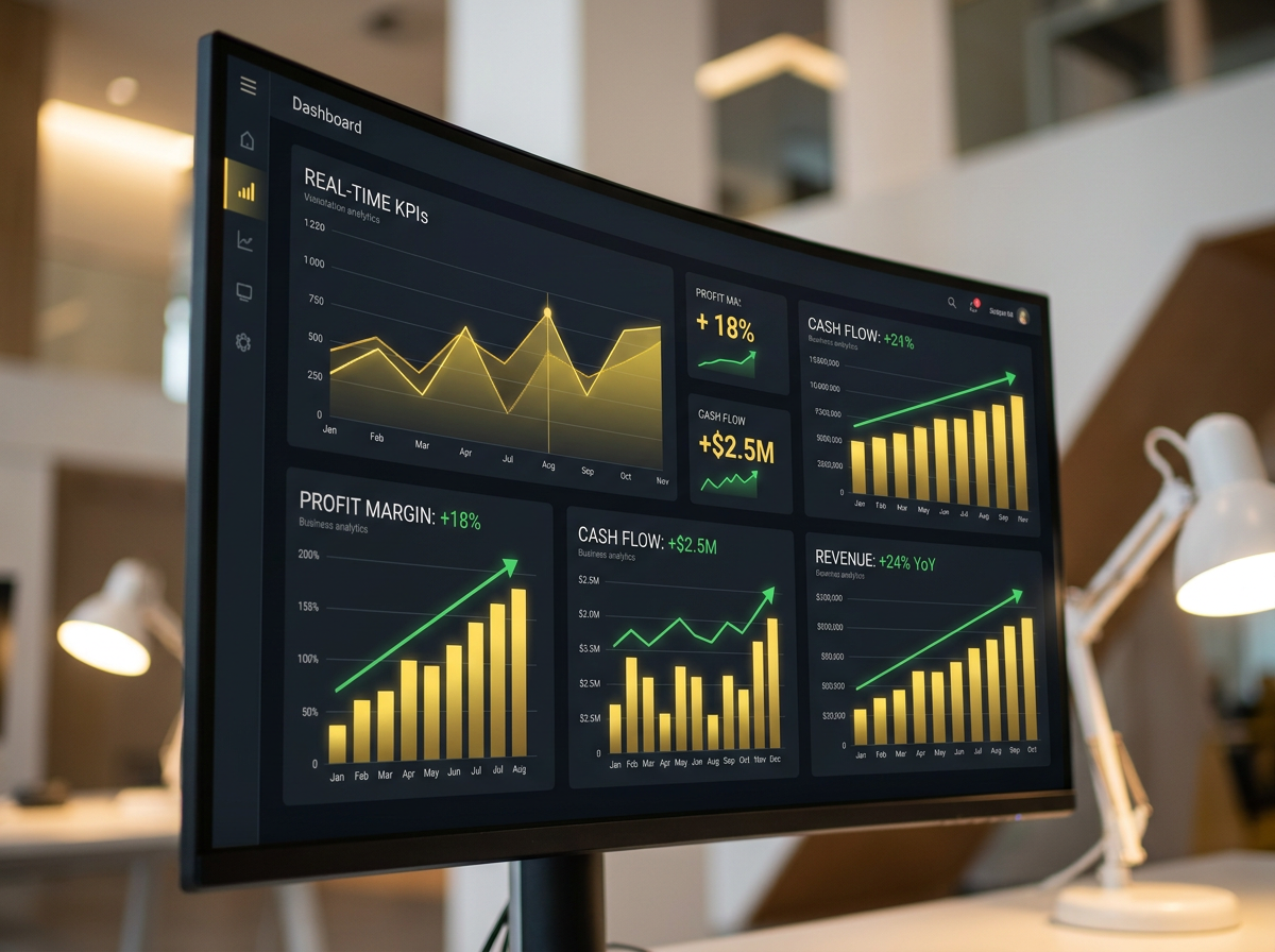 Real-time business analytics dashboard showing profit and cash flow metrics
