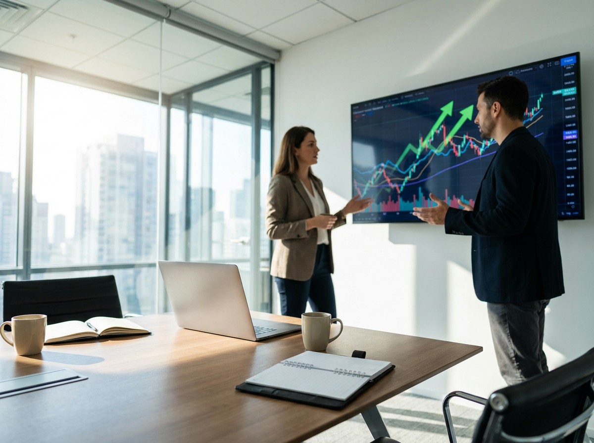 Business strategy meeting reviewing financial dashboards