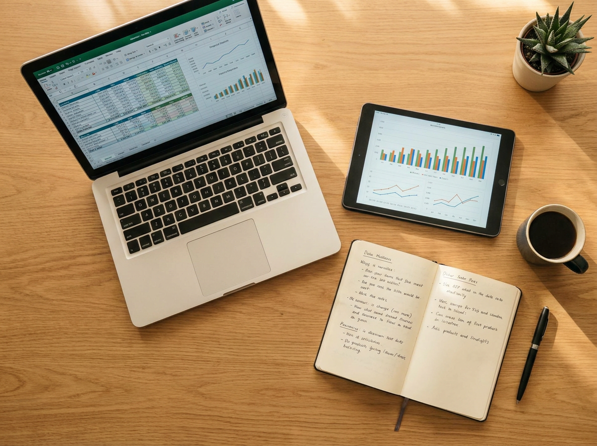 Organized workspace with financial data and analytics tools