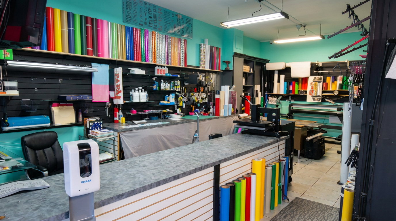 Titan Graphics Studios showroom — vinyl colors, samples, and work counter
