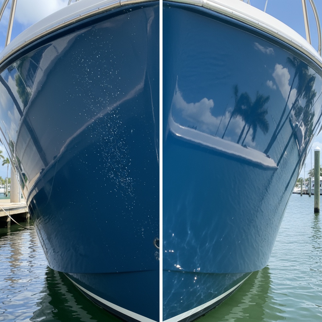 Glossy blue boat on the lake