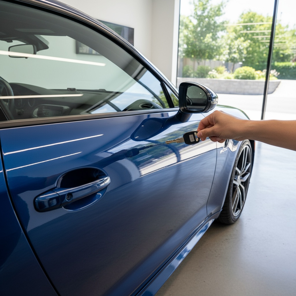 Happy customer picking up car