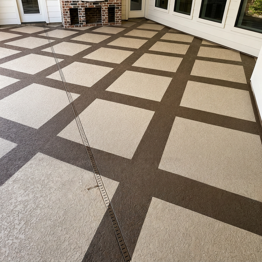 Decorative patio overlay — two-tone stamped grid pattern by ProCoat Coatings NW Arkansas