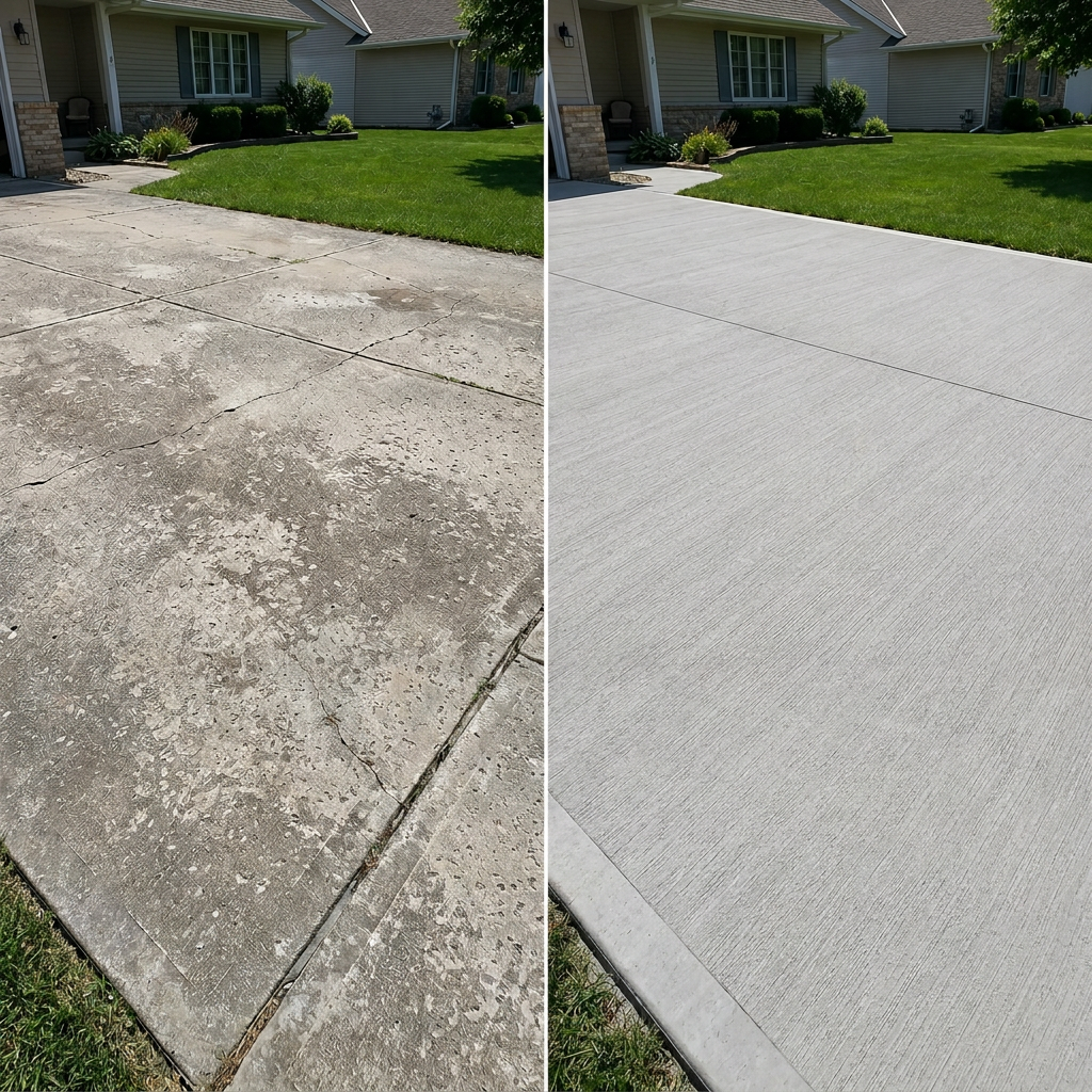 Driveway before and after resurfacing — cracked concrete restored by ProCoat Coatings NW Arkansas