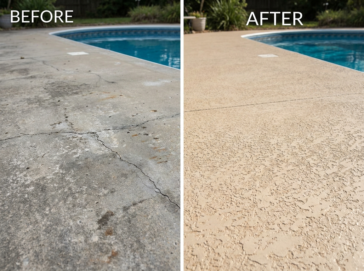 Pool deck knockdown overlay before and after — ProCoat Coatings NW Arkansas