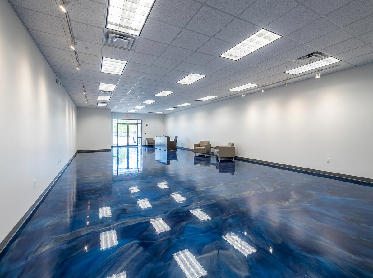 Commercial metallic blue epoxy floor coating in Bentonville AR showroom