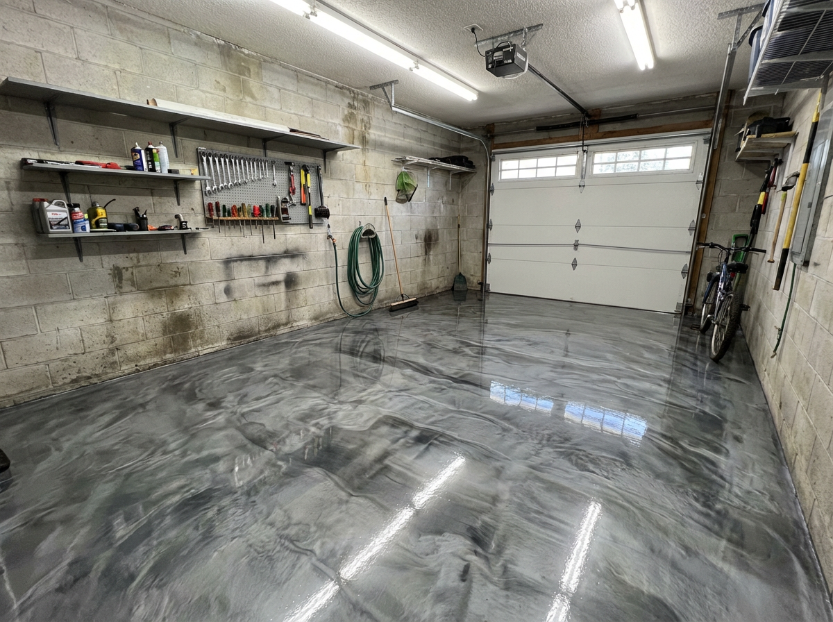Metallic silver epoxy garage floor coating in NW Arkansas by Procoat