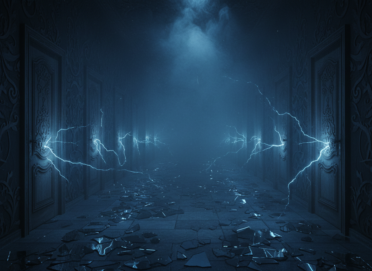 Dark cinematic hallway with mysterious doors and blue light