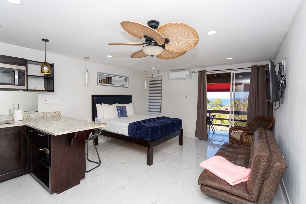 Studio wide angle — queen bed with dark headboard, navy blue bedding, tropical palm leaf ceiling fan, AC unit, sliding balcony door with ocean view, wall-mounted TV, granite breakfast bar, marble-look tile floors