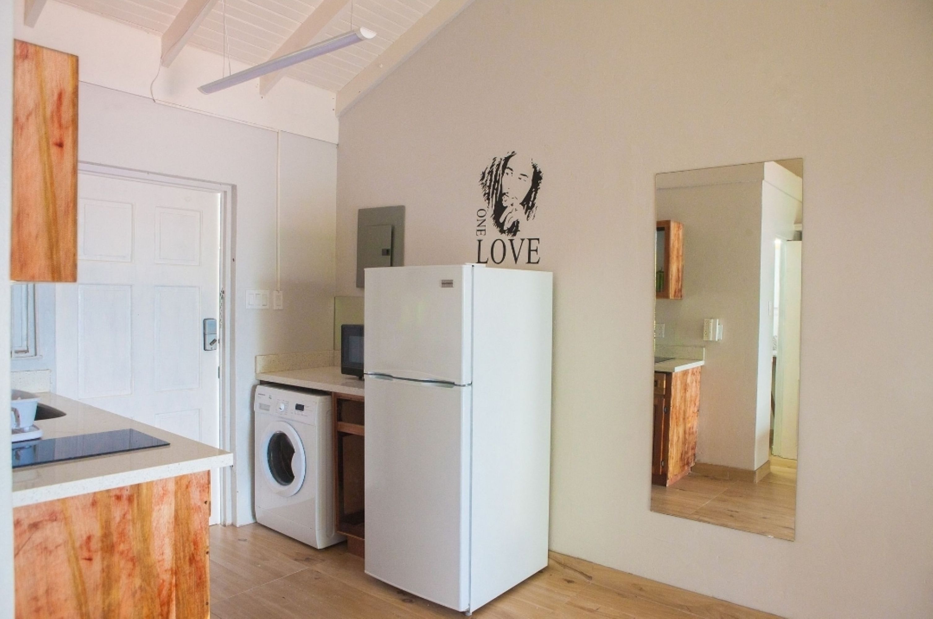 MG1 kitchen — fridge, washing machine, microwave, and One Love wall art