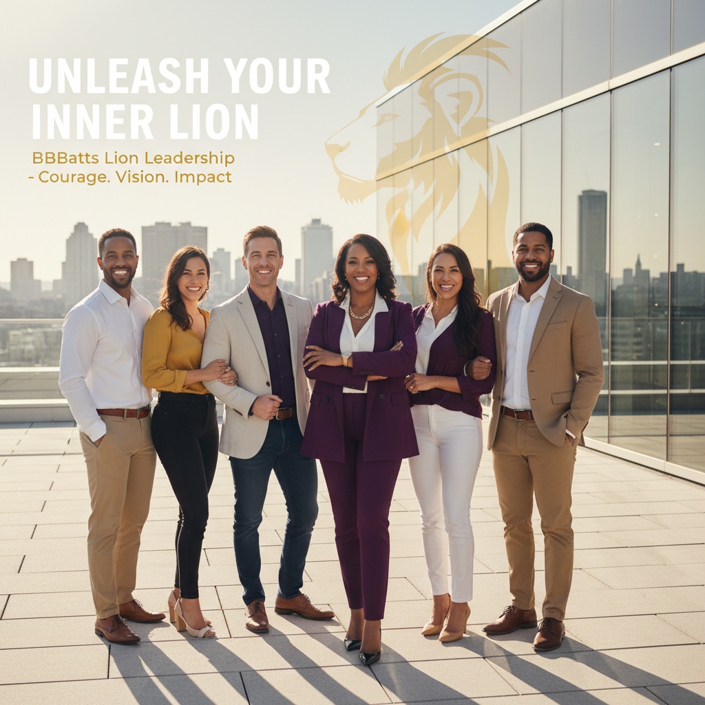 BBBatts Lion Leadership hero image - group led by leader, lion motif, gold and purple branding