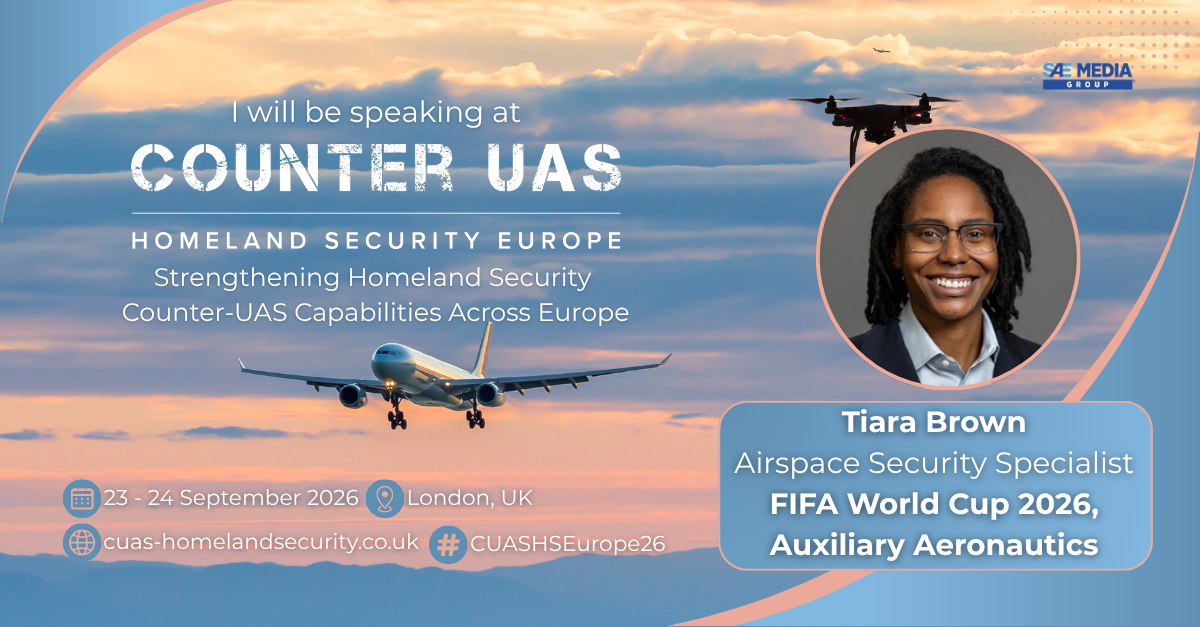 Counter UAS Homeland Security Europe speaking engagement graphic featuring Tiara Brown