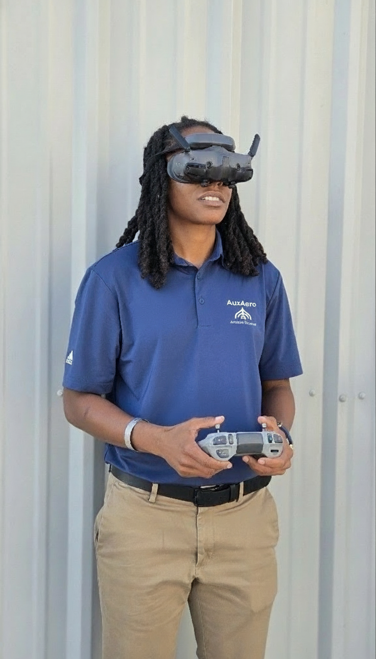 Tiara Brown operating FPV drone with AuxAero branded gear