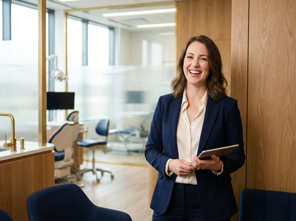 Confident professional smiling in a modern orthodontic office