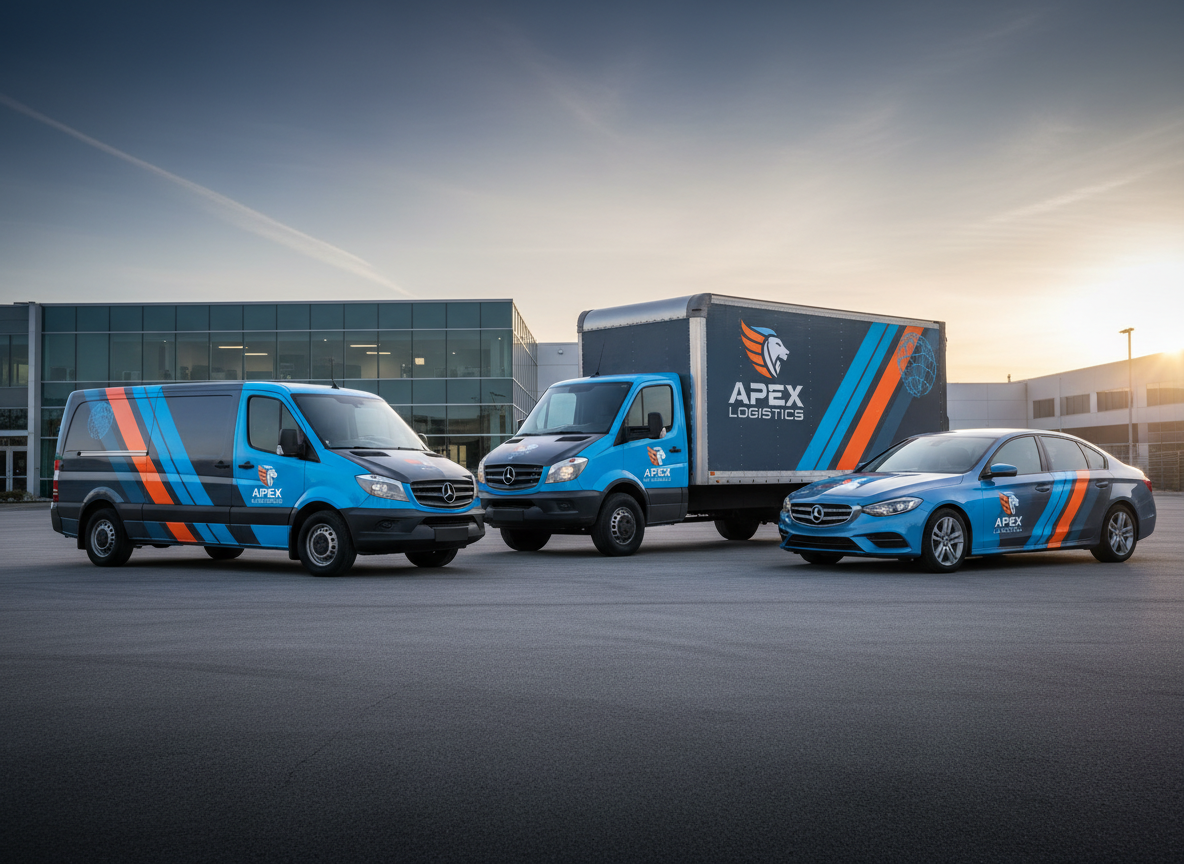 Fleet of vehicles with custom vinyl wraps and branding