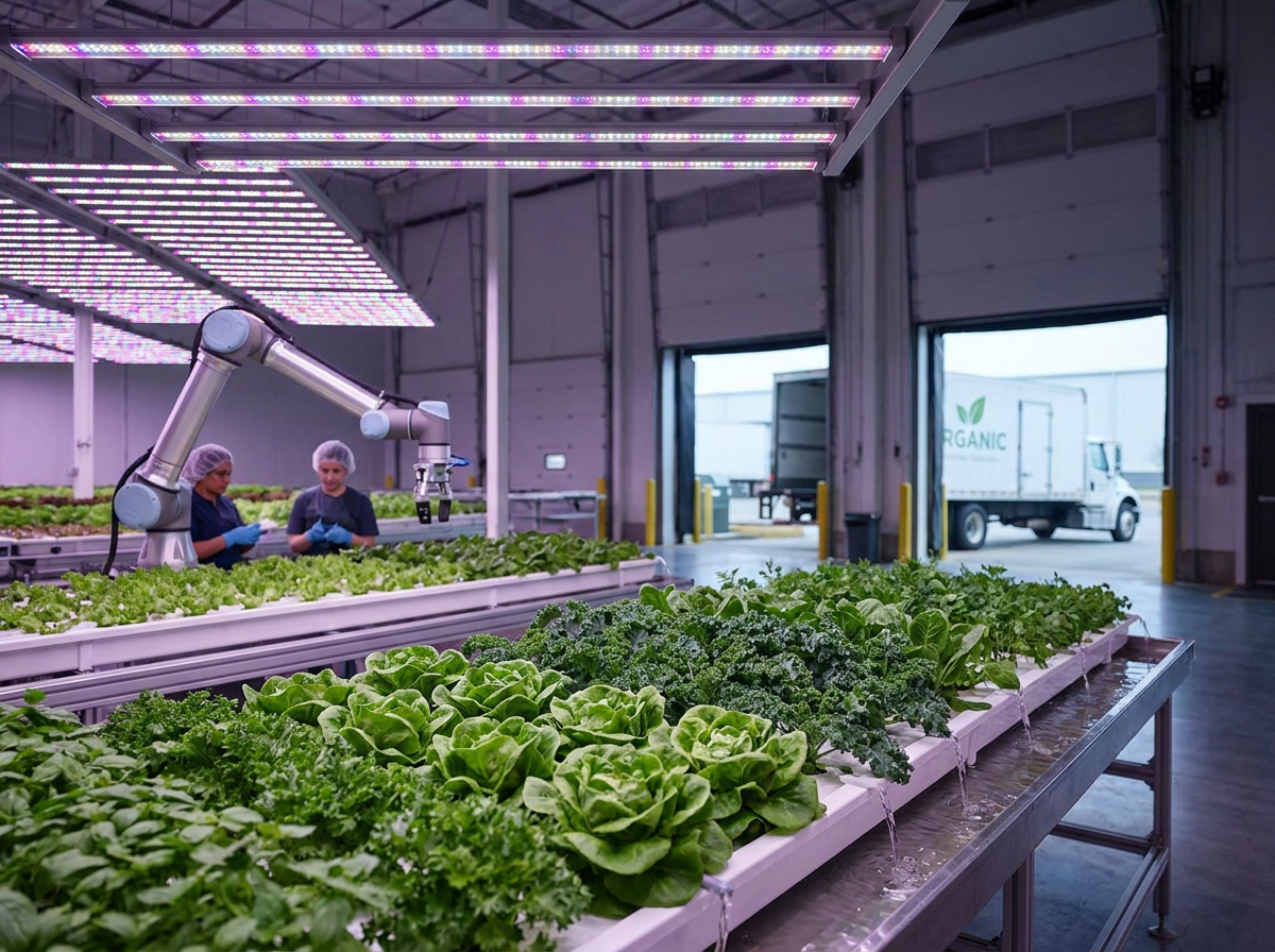 Inside a commercial hydroponic warehouse