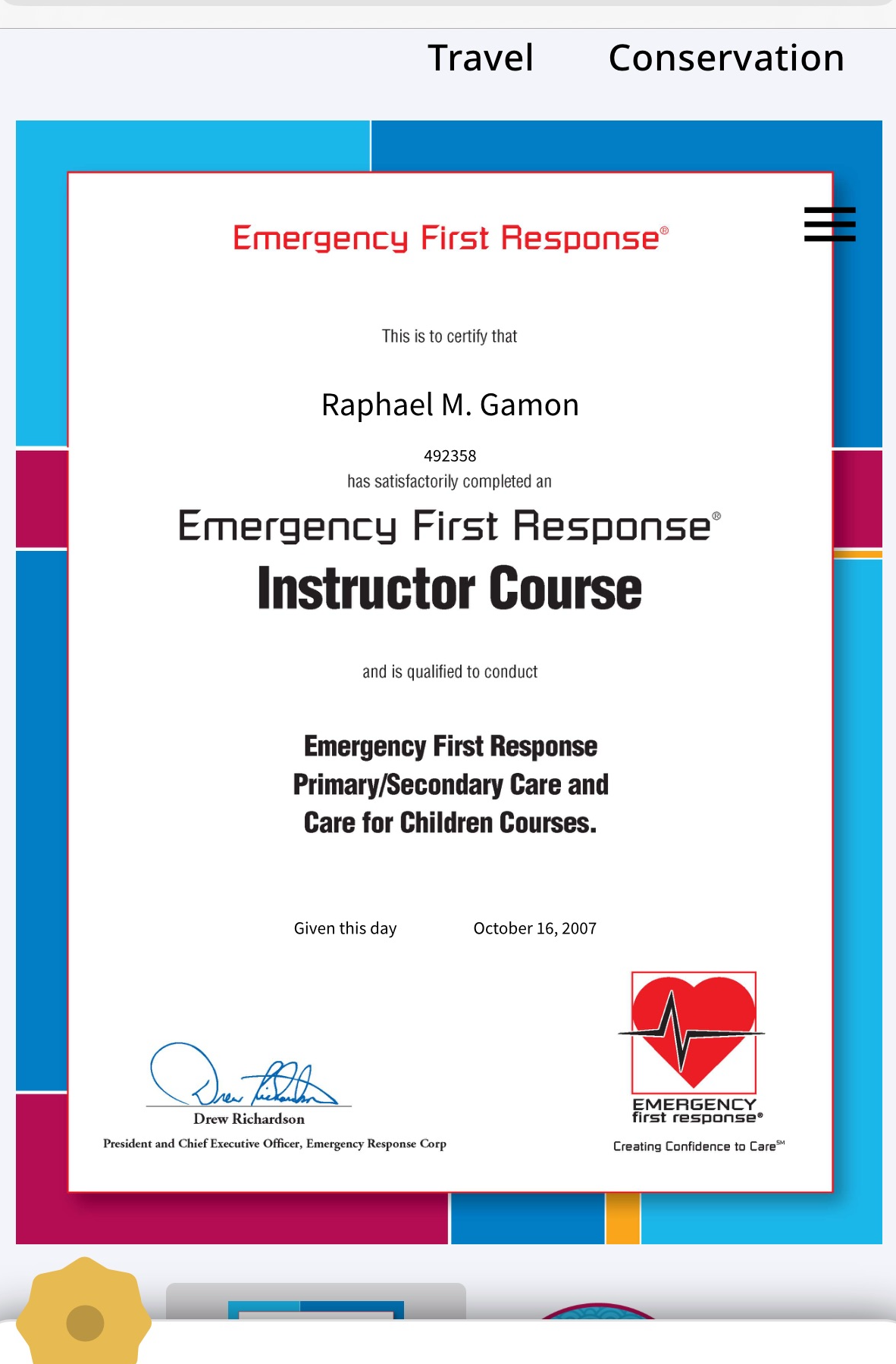 Raphaël Gamon PADI Emergency First Response Instructor Certificate 2007