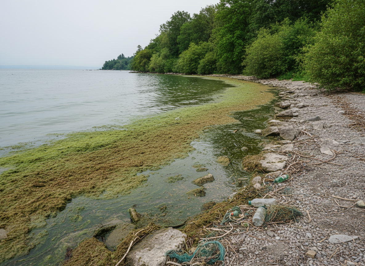 Verschmutztes Ufer am Schussendelta – Algen und trübes Wasser