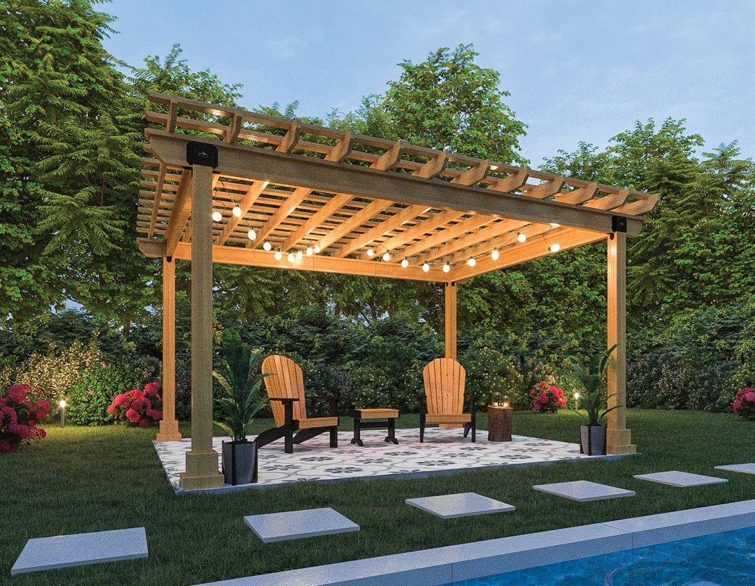 Golden Oak stained wood Hollander pergola at dusk with string lights over two Adirondack chairs on a patio