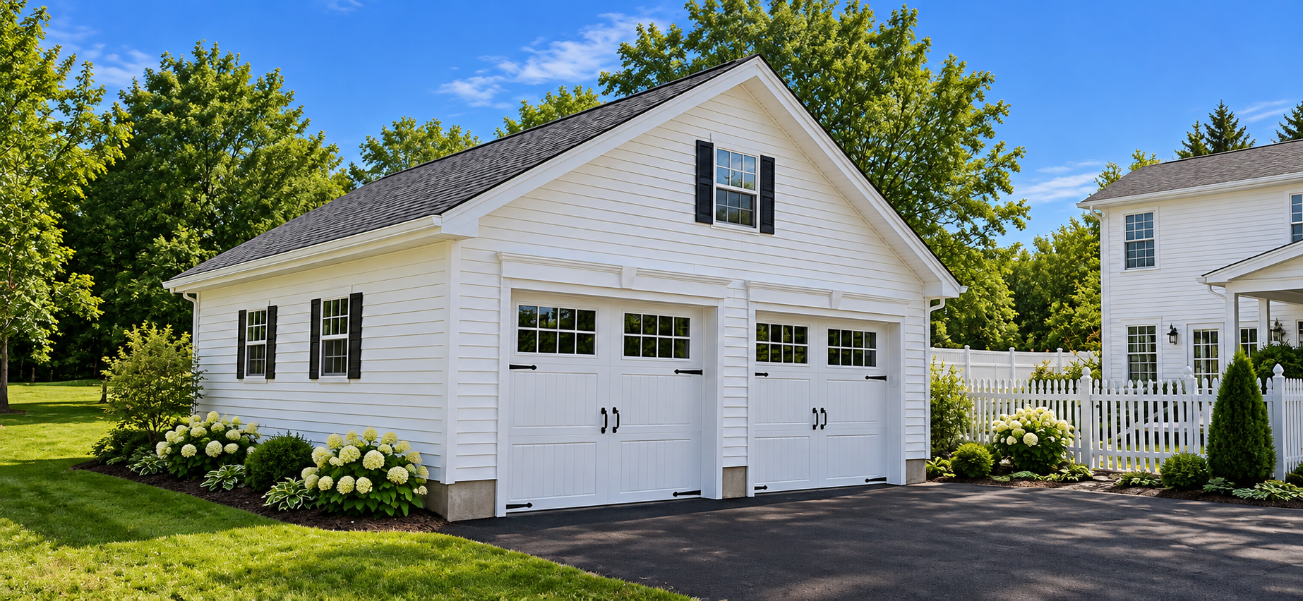 Single-level two-car garage with carriage-style overhead doors on the eave side