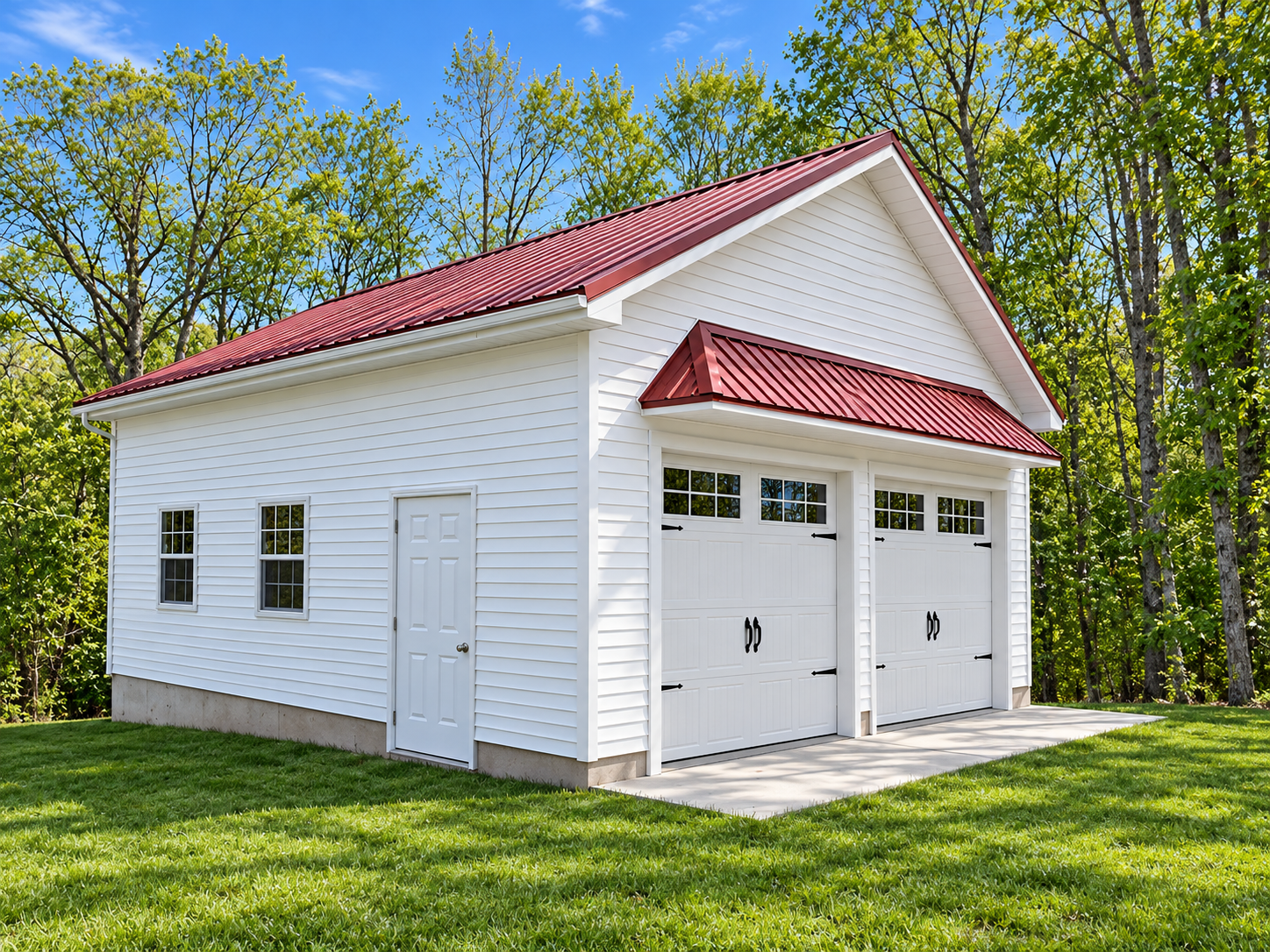 24x24 single-level garage with vinyl siding and metal roof — Hometown Structures
