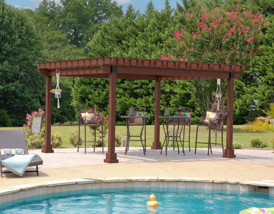 Dark mahogany-stained wood Hollander pergola by a pool, with bar stools underneath