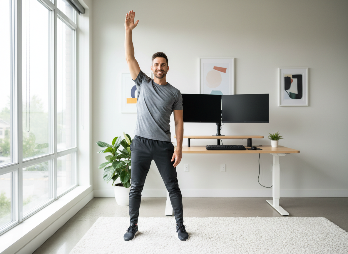 Tech professional doing a midday movement reset in home office