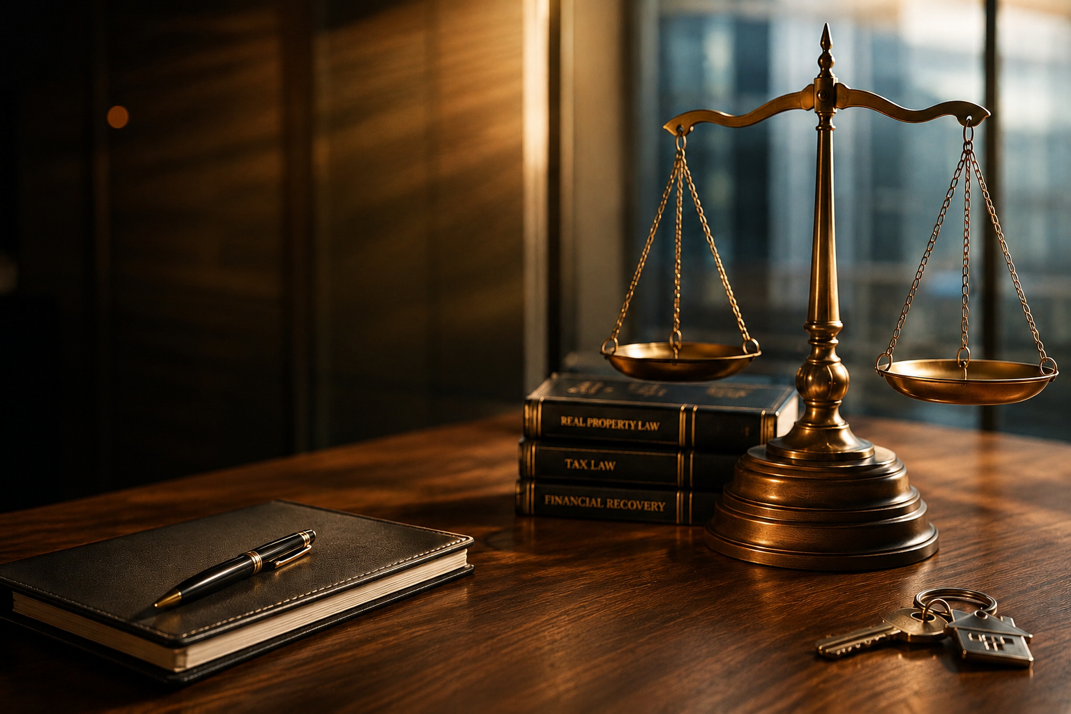 Scales of justice, legal books, desk and keys