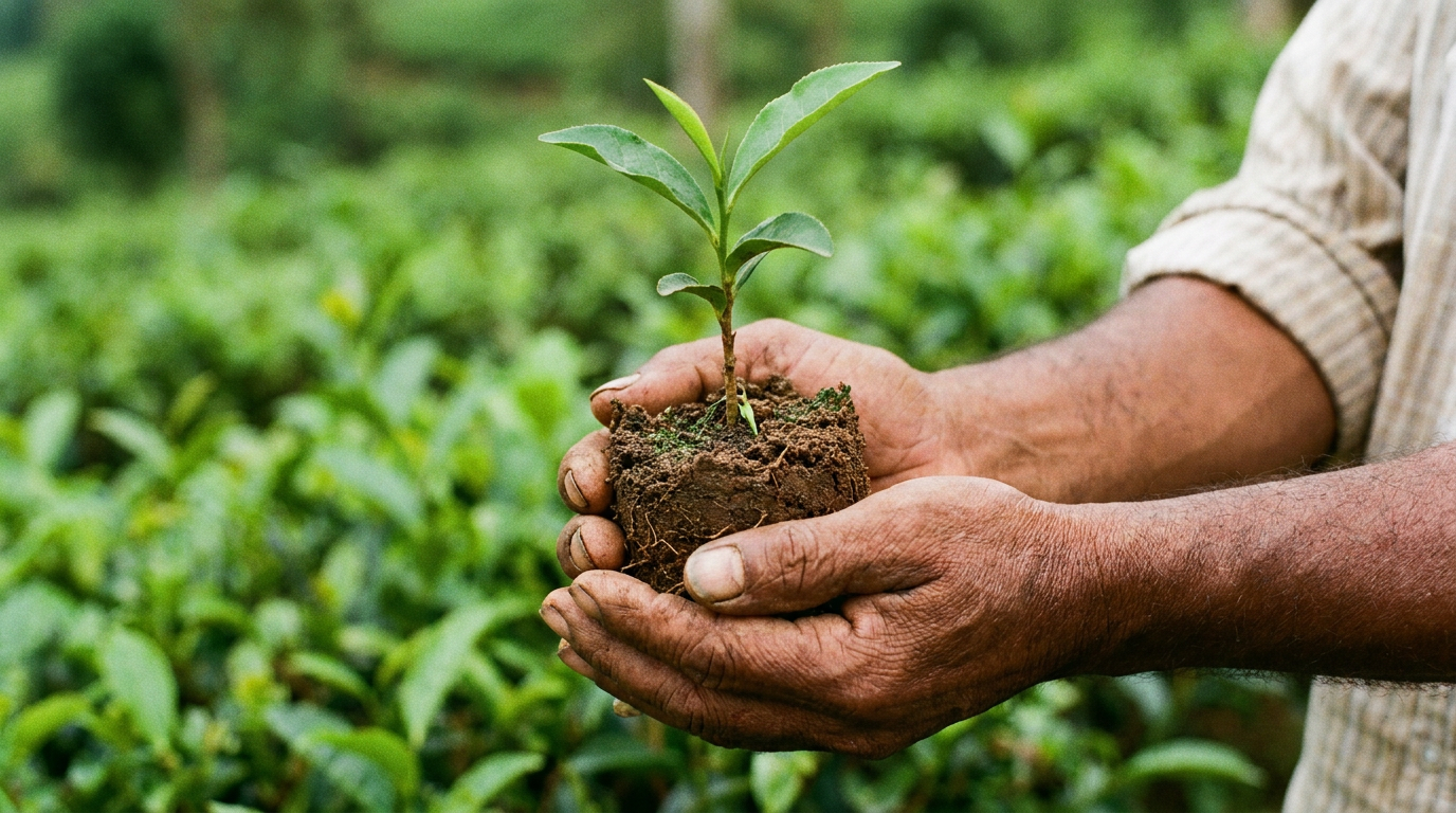 Farmer's hands holding a young tea seedling with soil on the roots