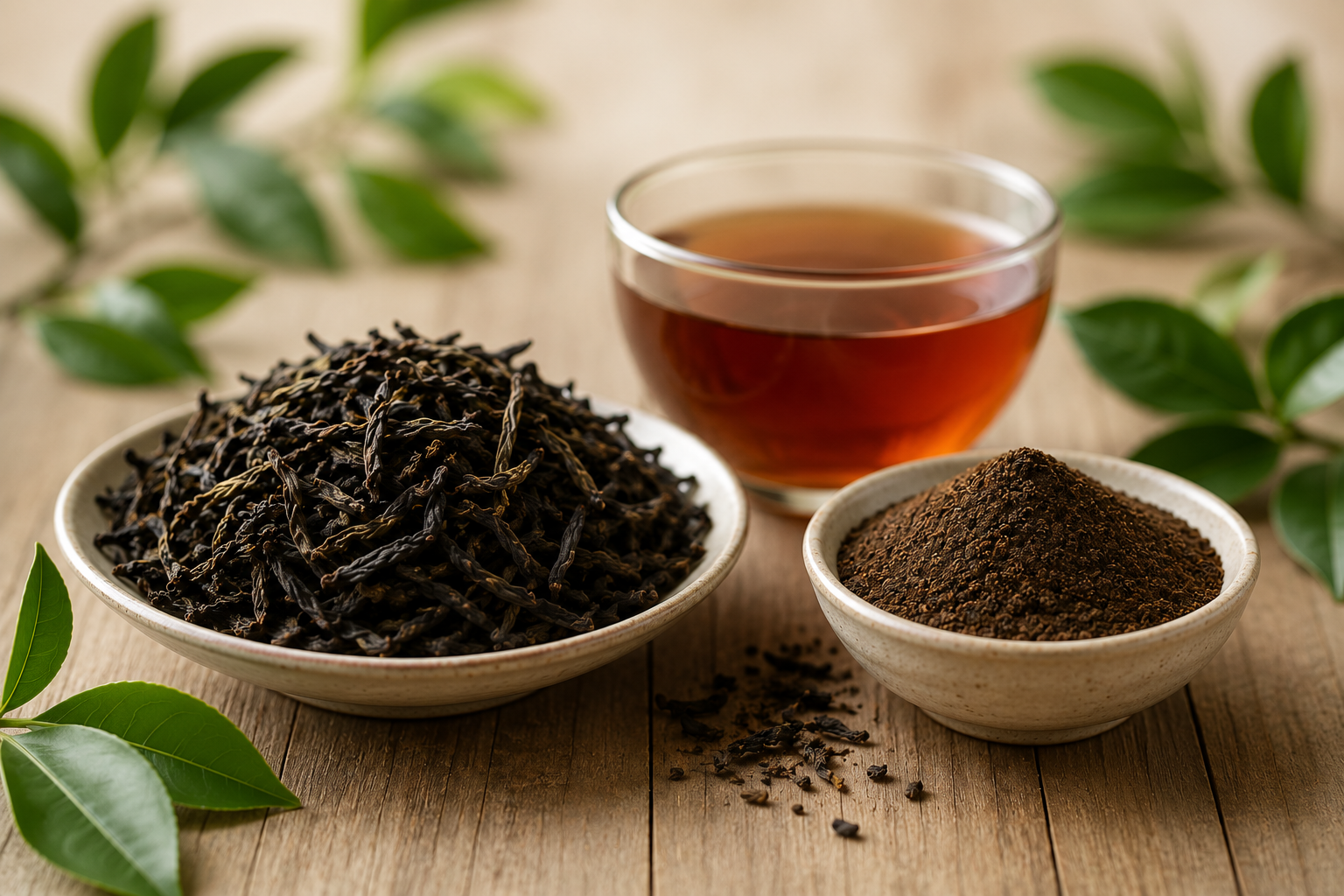 Whole leaf tea and CTC tea side by side with brewed cup