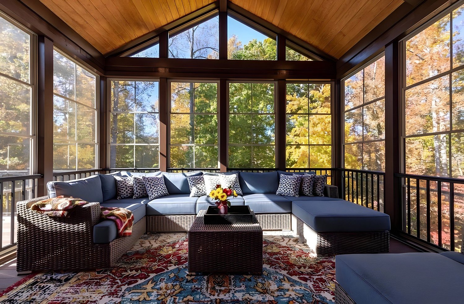 Vaulted screen room with cathedral ceiling and fall foliage views