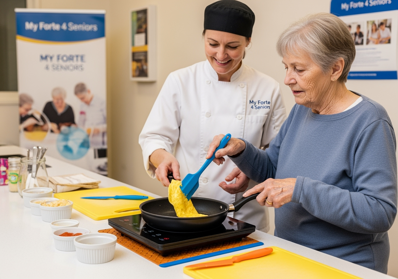 Photorealistic, heartwarming scene in a bright, accessible community kitchen during a cooking workshop. A professional chef demonstrates a safe omelet flip while guiding a senior participant who is holding a silicone spatula. The omelet is in a non-stick skillet on a portable induction cooktop with an induction-safe, non-slip silicone mat stabilizing the pan. Safety-forward details: easy-grip utensils, color-contrast cutting board, clear mise en place in small bowls. The senior appears focused and confident; the chef is smiling and attentive, hands positioned to coach without taking over. Inclusive, respectful depiction of older adulthood. Background elements softly out of focus include a banner and wall poster that read: “My Forte 4 Seniors” (clean, generic sans‑serif lettering; not a specific logo). Natural daylight, warm tones, shallow depth of field, high detail, no watermarks, no brand logos beyond the banner text. Composition: medium close-up with the skillet, spatula, and non-slip mat clearly visible; banner text legible but not dominant.