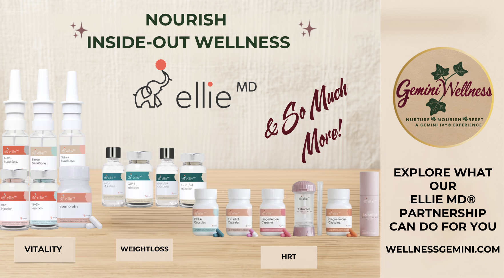 Ellie MD® wellness products — vitality, weight loss, and HRT solutions curated by Gemini Wellness