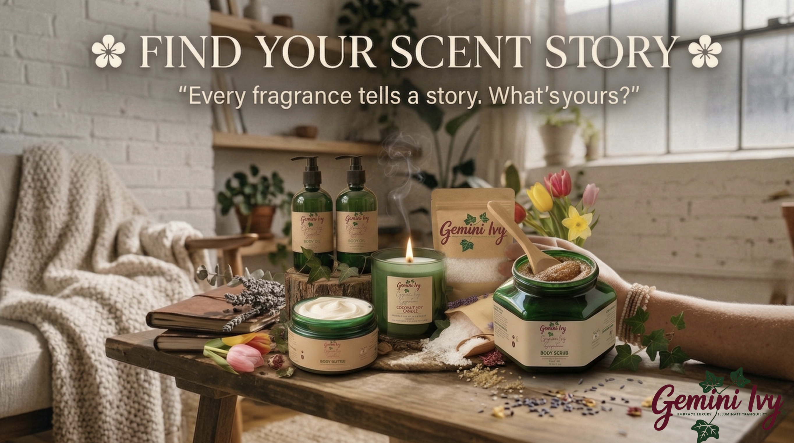 Gemini Ivy® handcrafted self-care products — candles, body butters, and natural essentials