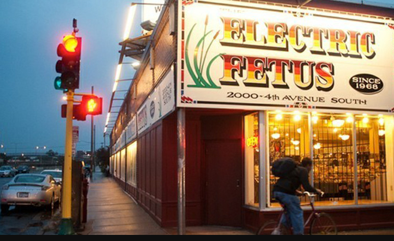 Electric Fetus record store in Minneapolis at dusk - iconic Minnesota vinyl shop since 1968
