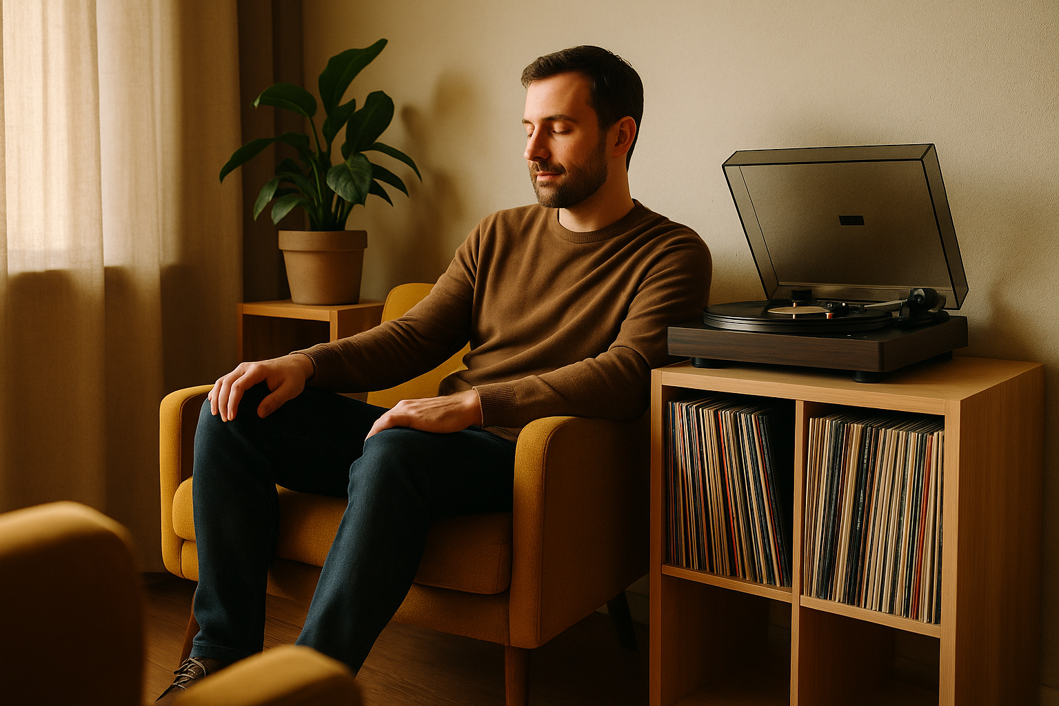 Vinyl collector enjoying music on quality turntable with organized record collection in home listening room