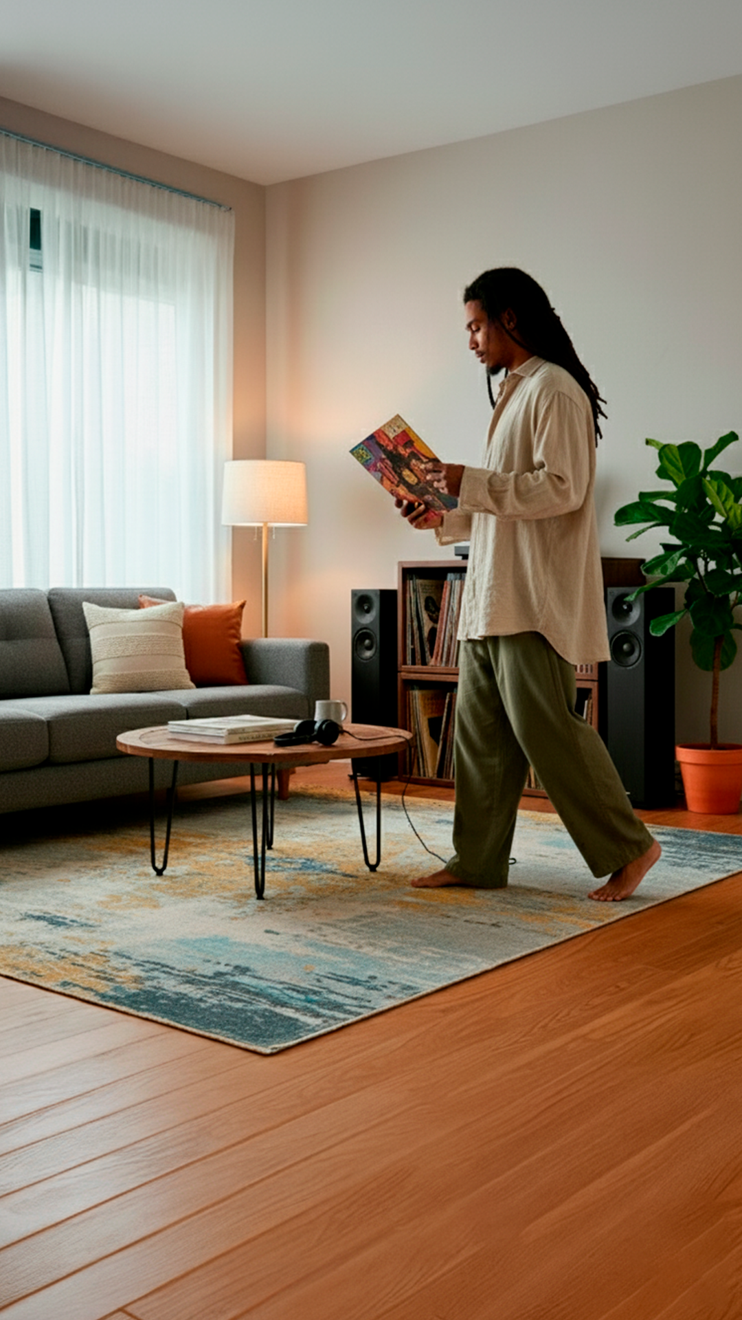 Vinyl collector browsing record collection with Keep Them Spinning modular storage