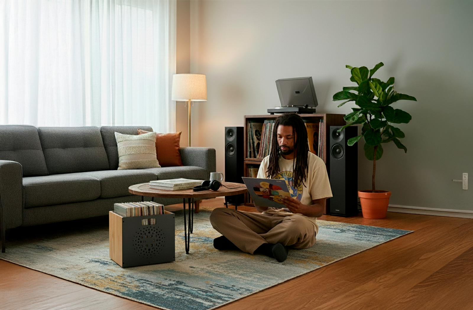 Vinyl enthusiast browsing collection with Keep Them Spinning modular vinyl storage