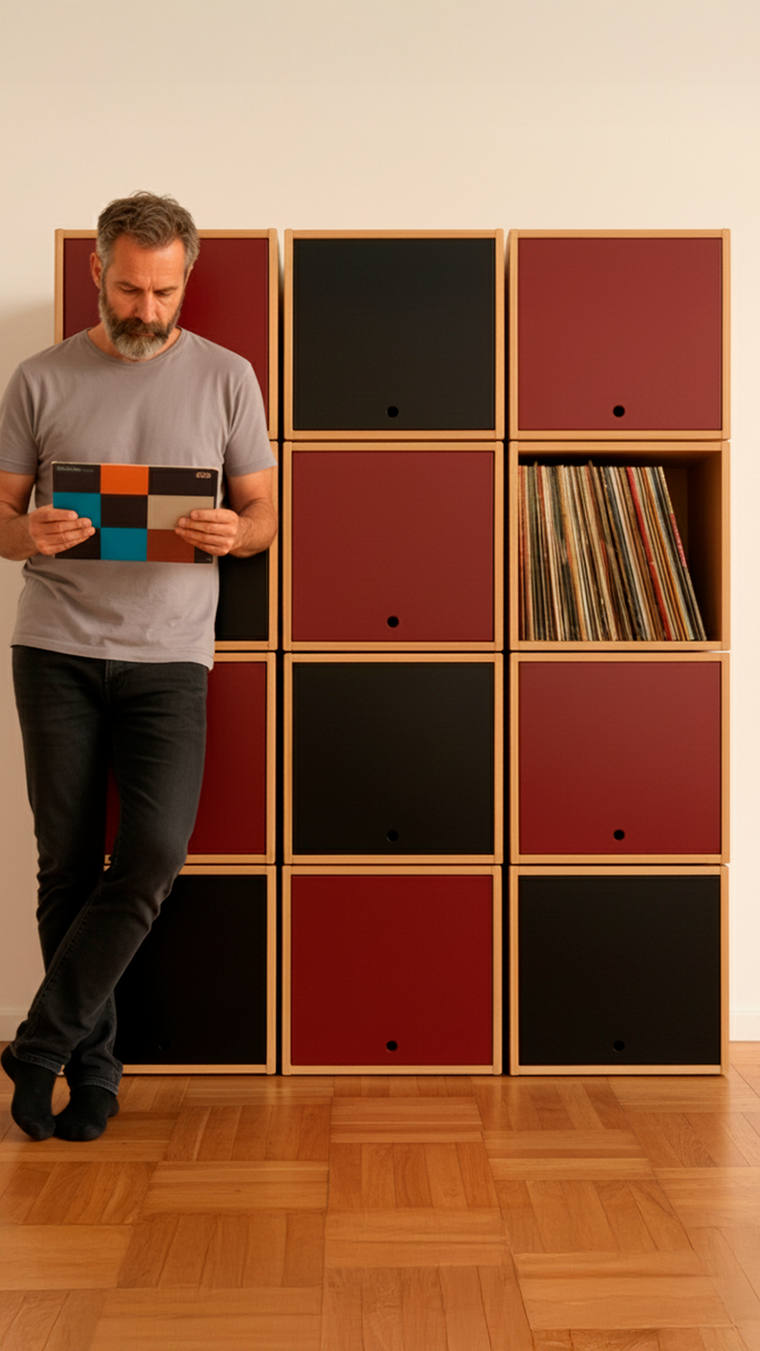 Vinyl collector with modular storage tower and organized record collection
