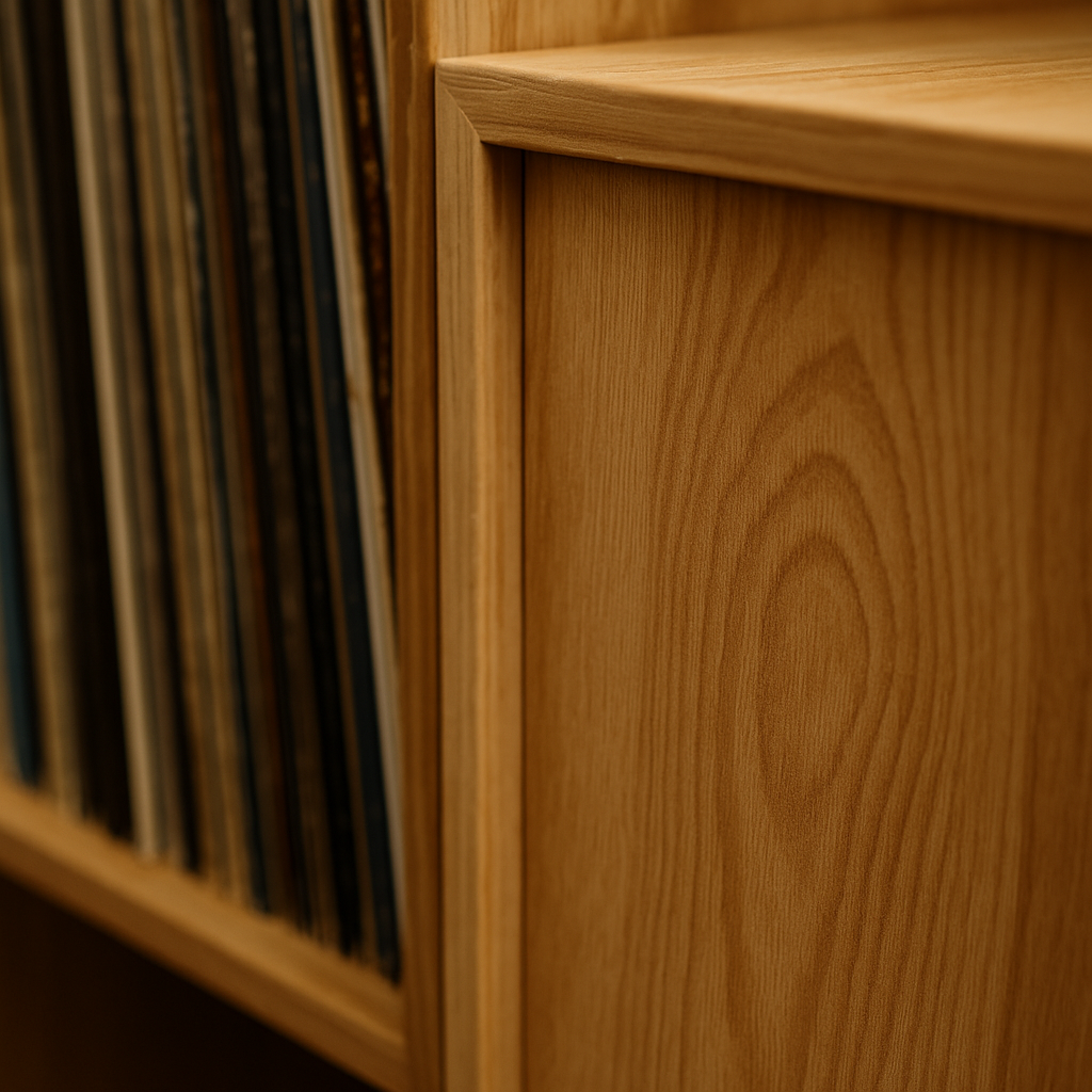 FSC-certified Paulownia wood detail of modular vinyl storage with vinyl records