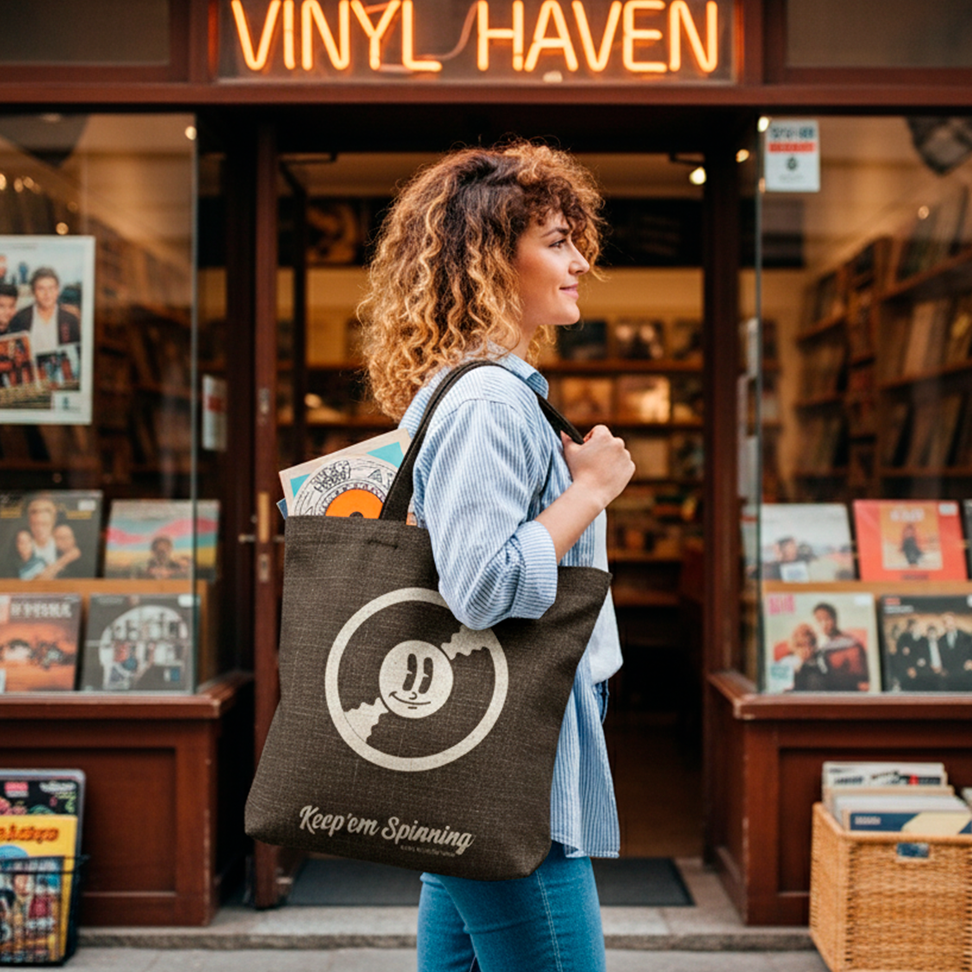 Vinyl collector with Keep Them Spinning tote bag at record store