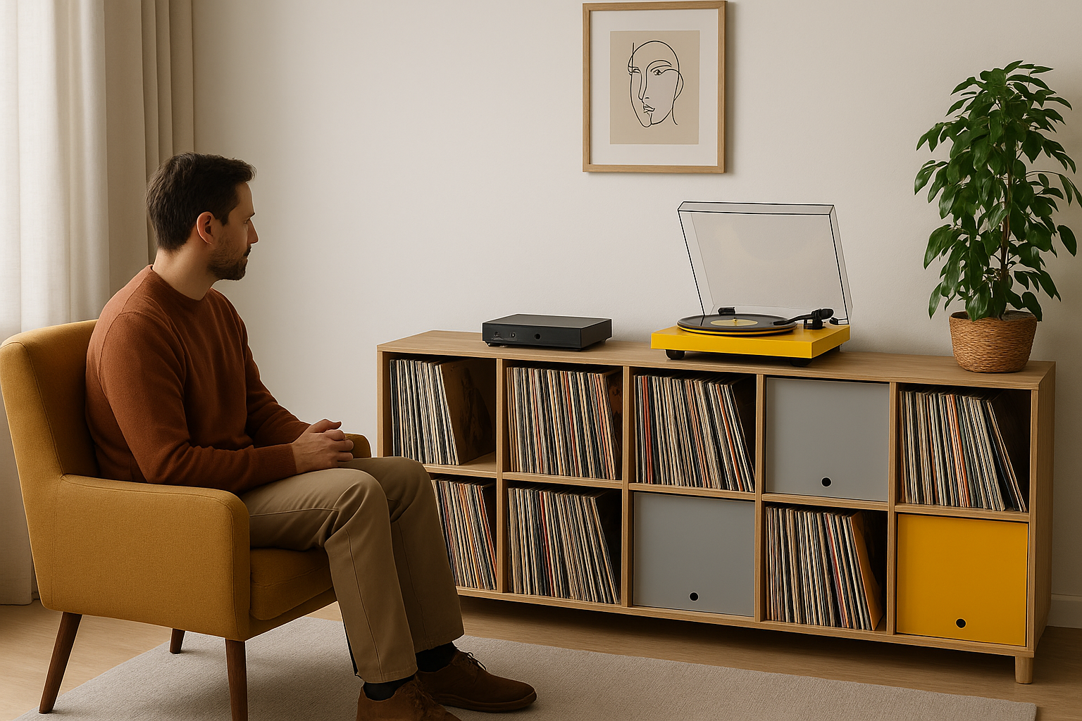 Complete vinyl listening room setup with turntable modular storage and organized record collection