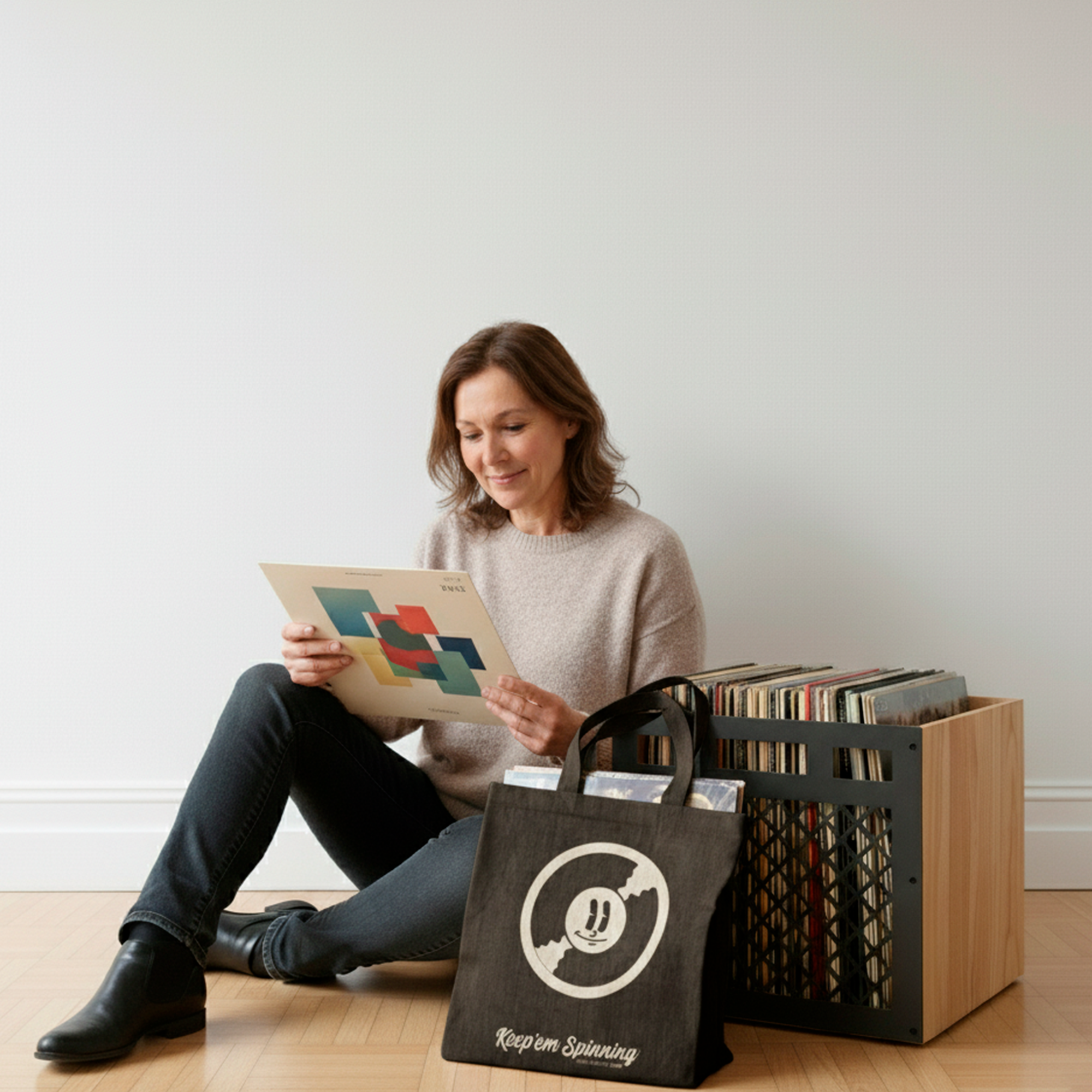 Vinyl-Sammlerin mit Keep Them Spinning Tote Bag und Storage