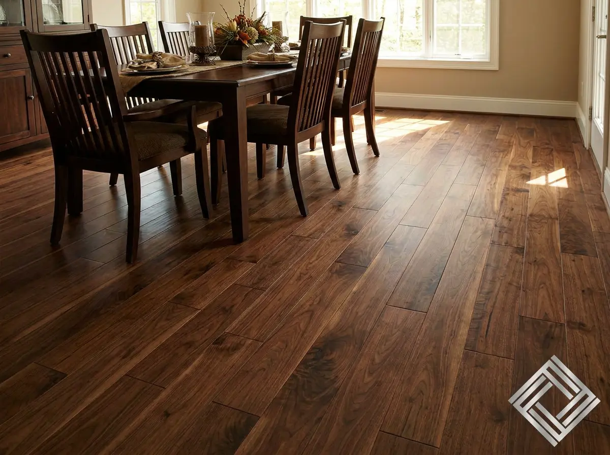 Solid walnut hardwood flooring in a residential dining room with natural light, showing rich dark grain and warm tones