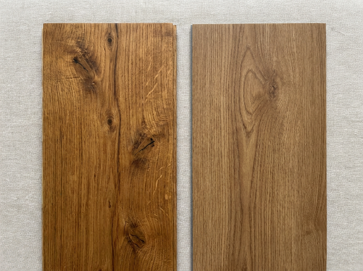 Hardwood and luxury vinyl plank flooring samples side by side for comparison