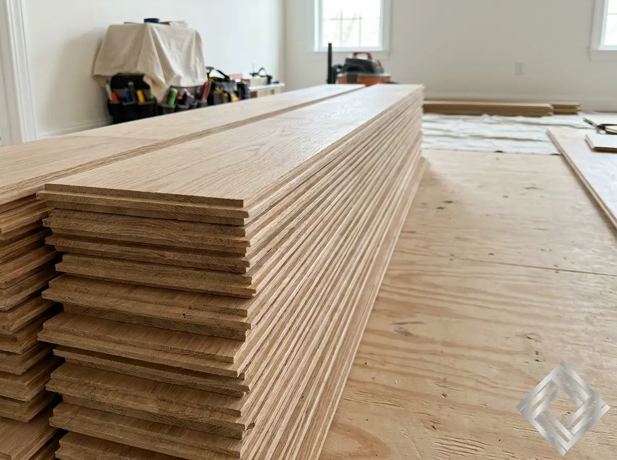 Hardwood flooring planks stacked and acclimating on a prepared subfloor at a BC job site, showing engineered oak boards ready for installation