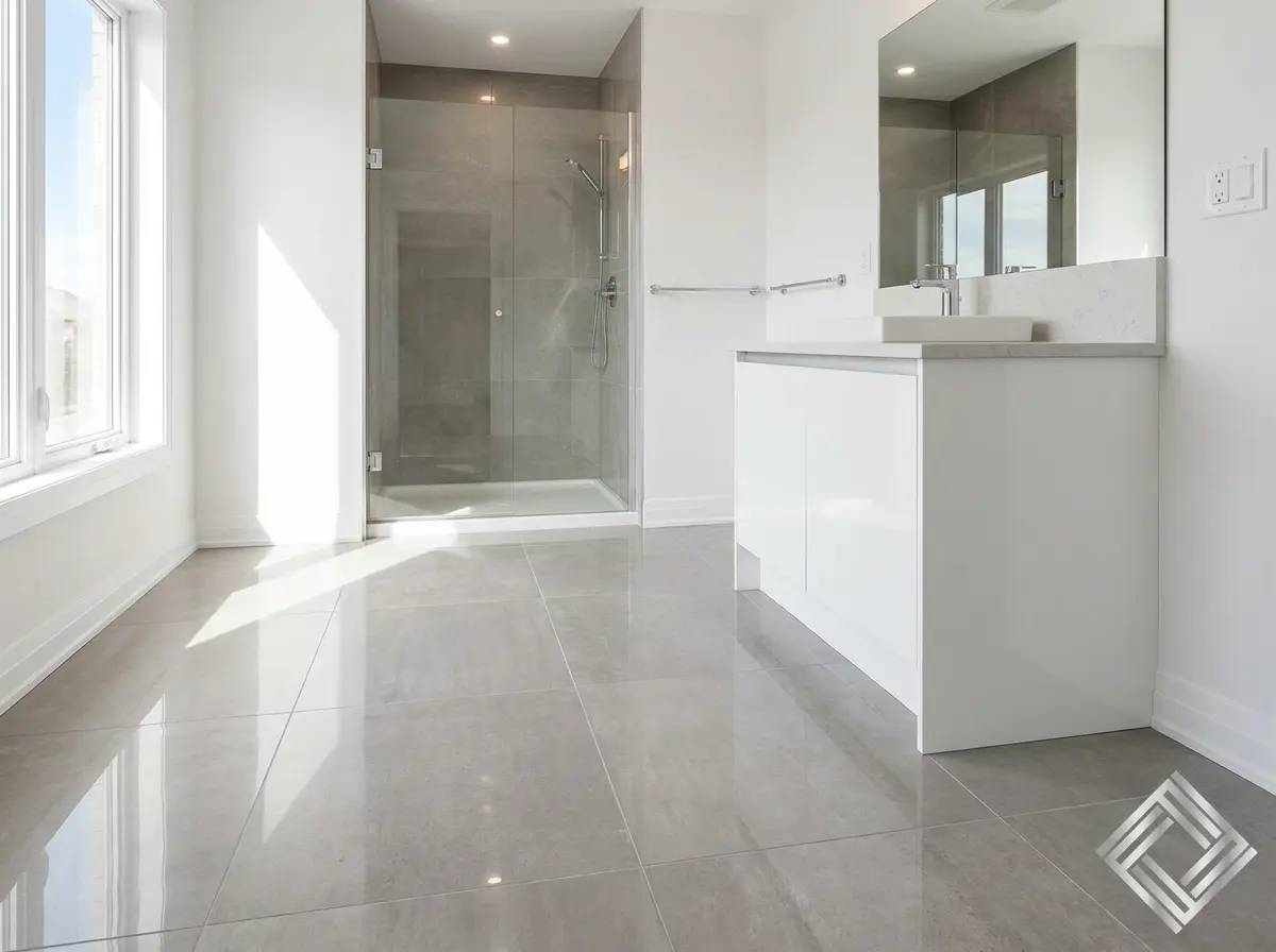Large format polished porcelain tile flooring in a bright modern bathroom with frameless glass shower, white vanity, and natural light from large windows
