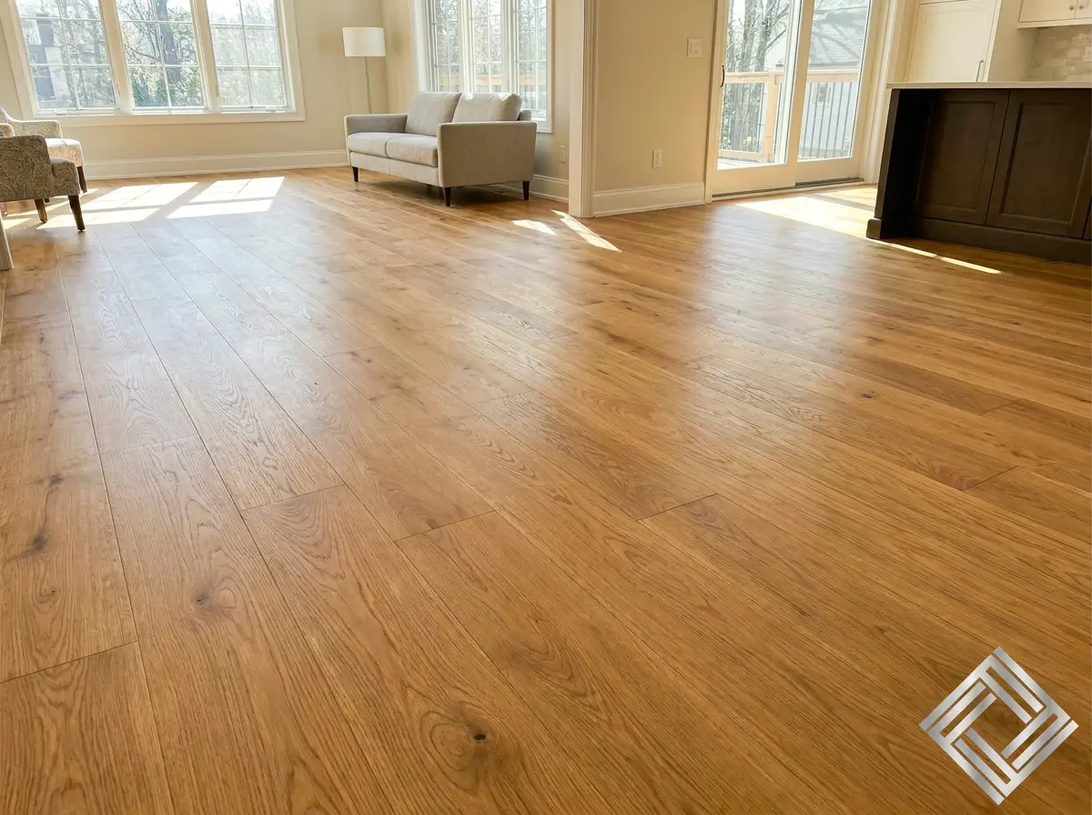 Wide-plank white oak hardwood floor installed in a bright BC living room, showing natural wood grain and warm honey tones with large windows and natural light